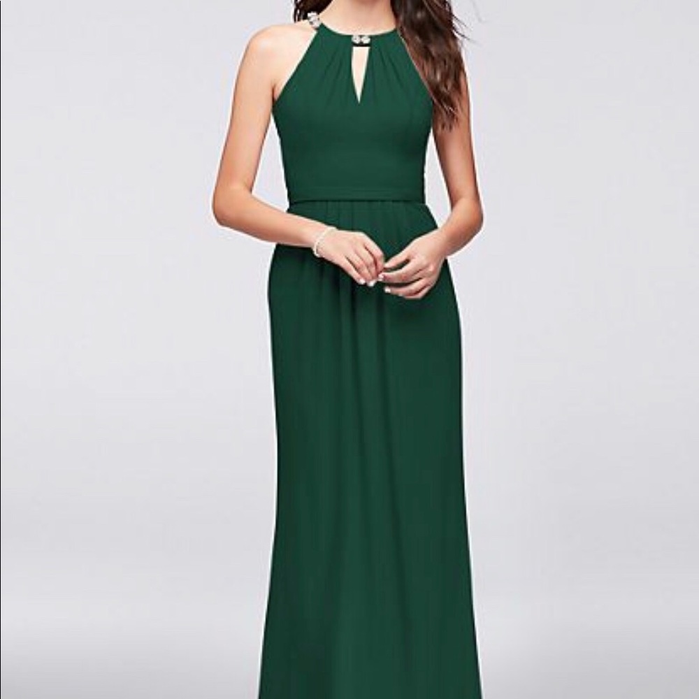 Beaded Neckline Crepe Halter Bridesmaid Dress.